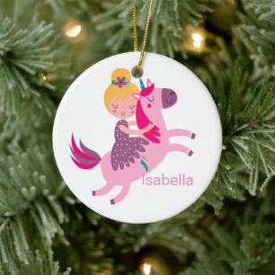 Cute Yellow Haired Girl Riding on a Unicorn Ceramic Ornament