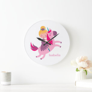 Cute Yellow Haired Girl Riding on a Unicorn Large Clock