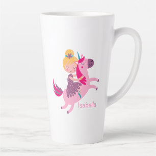 Cute Yellow Haired Girl Riding on a Unicorn Latte Mug