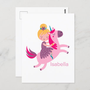 Cute Yellow Haired Girl Riding on a Unicorn Postcard