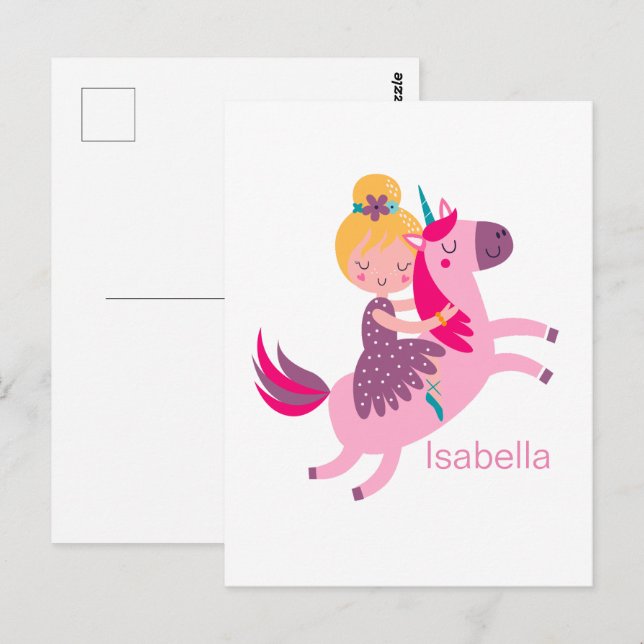 Cute Yellow Haired Girl Riding on a Unicorn Postcard (Front/Back)
