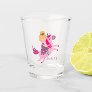 Cute Yellow Haired Girl Riding on a Unicorn Shot Glass