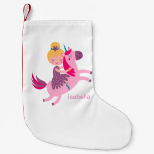 Cute Yellow Haired Girl Riding on a Unicorn Small Christmas Stocking