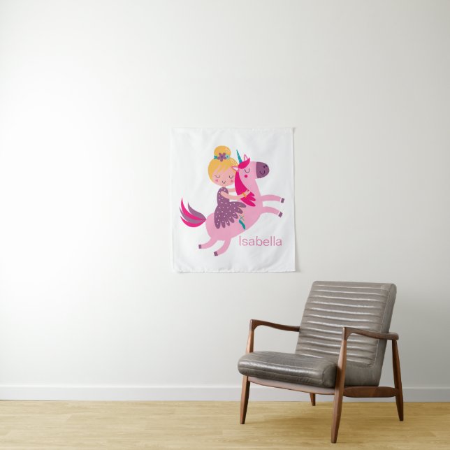 Cute Yellow Haired Girl Riding on a Unicorn Tapestry (In Situ)