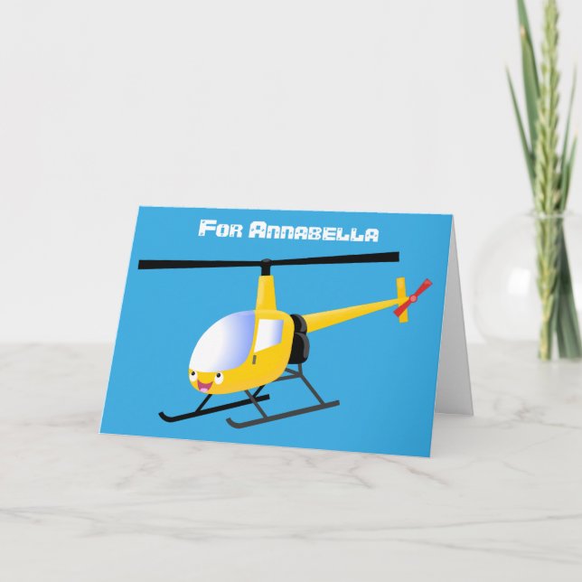 Cute yellow happy cartoon helicopter card (Front)