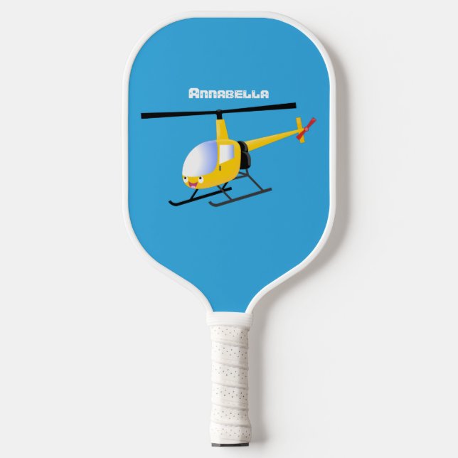 Cute yellow happy cartoon helicopter  pickleball paddle (Front)