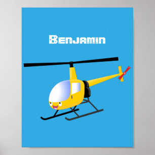 Cute yellow happy cartoon helicopter poster