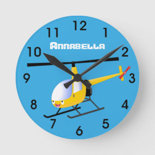 Cute yellow happy cartoon helicopter round clock