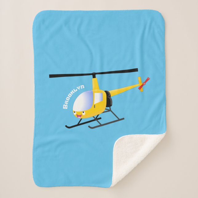 Cute yellow happy cartoon helicopter  sherpa blanket (Front)