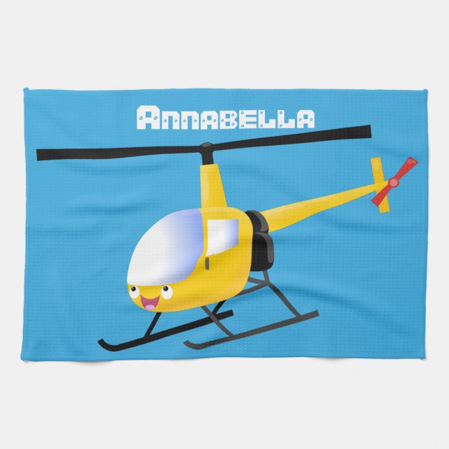 Cute yellow happy cartoon helicopter tea towel (Horizontal)