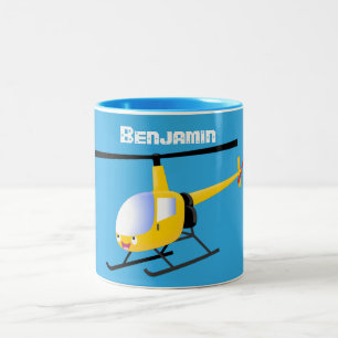 Cute yellow happy cartoon helicopter Two-Tone coffee mug
