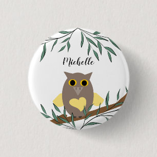 Cute Yellow Heart Owl On Branch Personalised  3 Cm Round Badge