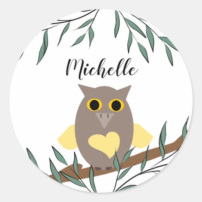 Cute Yellow Heart Owl On Branch Personalised Classic Round Sticker (Front)