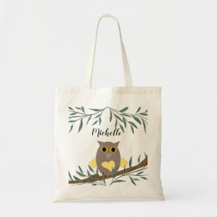 Cute Yellow Heart Owl On Branch Personalised Name Tote Bag
