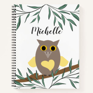 Cute Yellow Heart Owl On Branch Personalised Notebook
