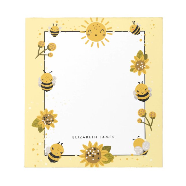 Cute Yellow Honey Bee Personalised Notepad (Front)