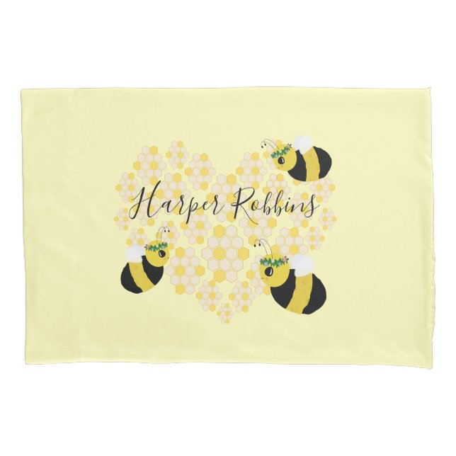 Cute Yellow Honey Bees Honeycomb Heart Kids Room Pillowcase (Front)