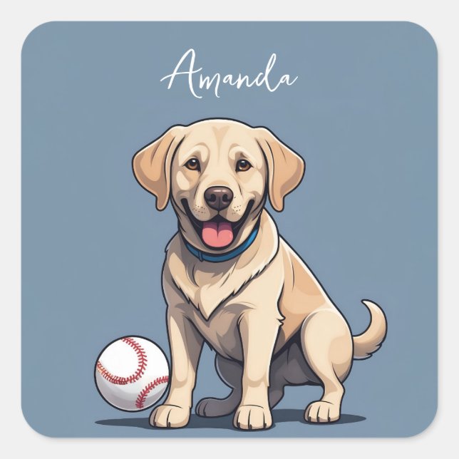 Cute Yellow Labrador with Baseball Ball Square Sticker (Front)