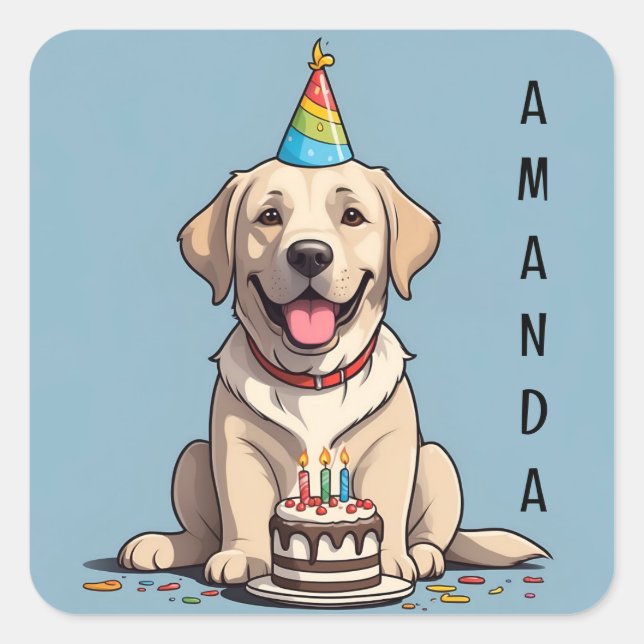 Cute Yellow Labrador with Birthday Cake Square Sticker (Front)
