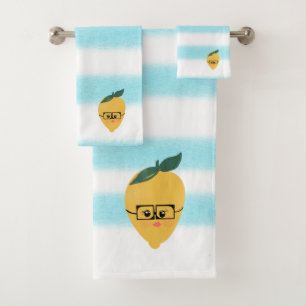 Cute yellow lemon cartoon funny illustration bath towel set