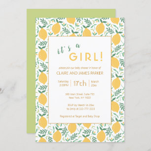 Cute Yellow Lemon Foliage Baby Girl Shower Invitation