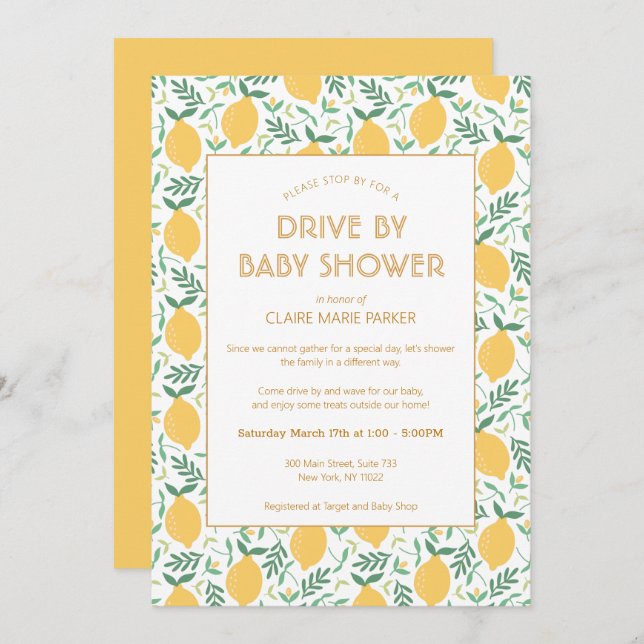 Cute Yellow Lemon Foliage Drive By Baby Shower Invitation (Front/Back)
