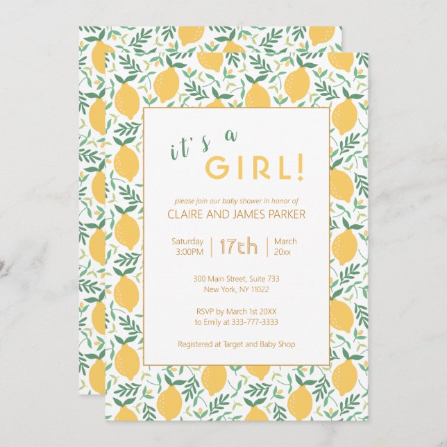 Cute Yellow Lemon Foliage | Girl Baby Shower Invitation (Front/Back)