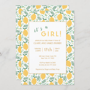 Cute Yellow Lemon Foliage Girl Baby Shower Invitation