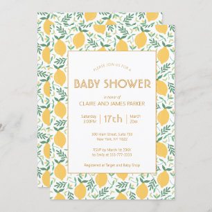 Cute Yellow Lemon Fruit Foliage Baby Shower Invitation