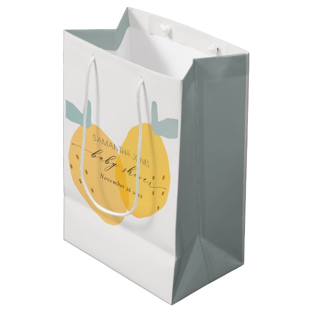 Cute Yellow Lemon Fruity Citrus Baby Shower Round Medium Gift Bag (Front Angled)