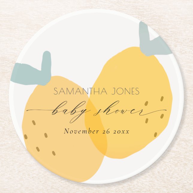 Cute Yellow Lemon Fruity Citrus Baby Shower Round Paper Coaster (Front)