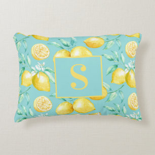 Cute Yellow Lemon Pattern on Light Blue Monogram Decorative Cushion