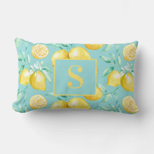 Cute Yellow Lemon Pattern on Light Blue Monogram Lumbar Cushion