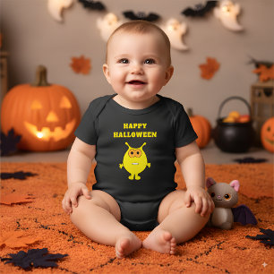Cute Yellow Monster Halloween Birthday Custom Text Baby Bodysuit