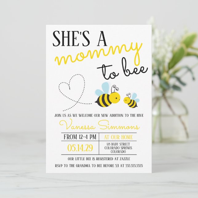 Cute Yellow Mummy to Bee Baby Shower Invitation (Standing Front)