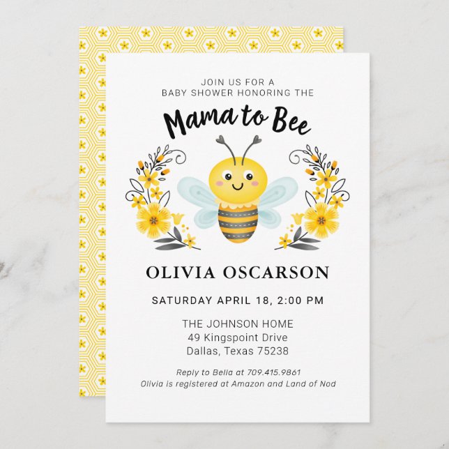 Cute Yellow Mummy to Bee Baby Shower Invitation (Front/Back)