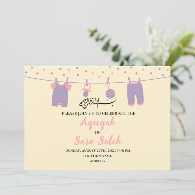 Cute Yellow Muslim Aqiqah Girl Invitation Card (Standing Front)