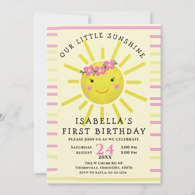Cute Yellow Our Little Sunshine 1st Birthday Party Invitation (Front)