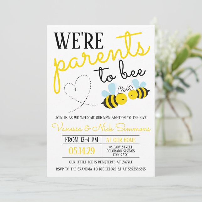 Cute Yellow Parents to Bee Baby Shower Invitation (Standing Front)