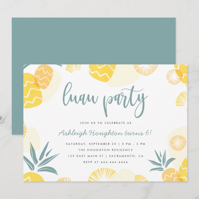 Cute Yellow Pineapple Luau Birthday Party Invitation (Front/Back)
