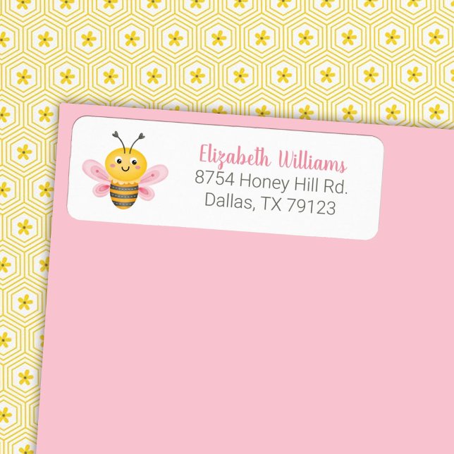 Cute Yellow Pink Bee Baby Shower Return Address Label (A cute mama to bee baby shower address label. Personalize it with your info.)