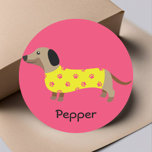 Cute Yellow & Pink Dachshund Dog Funny   Classic Round Sticker