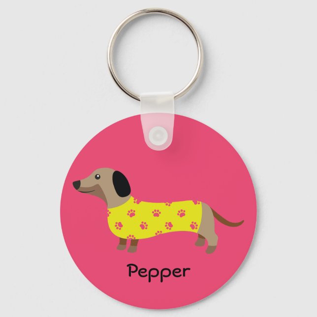 Cute Yellow & Pink Dachshund Dog Name Funny   Key Ring (Front)