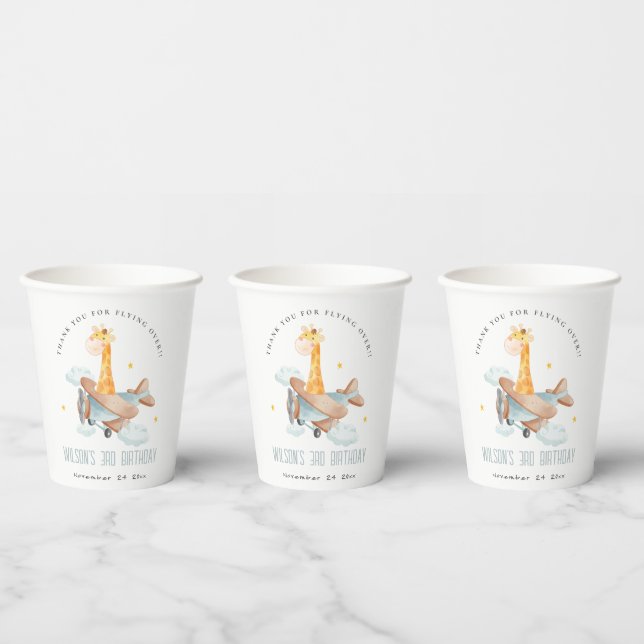 Cute Yellow Plane Giraffe Cloud Stars Birthday Paper Cups (Multi)