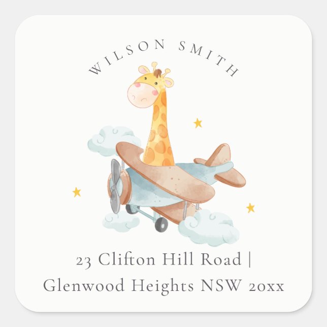 Cute Yellow Plane Giraffe Cloud Stars Sky Address Square Sticker (Front)