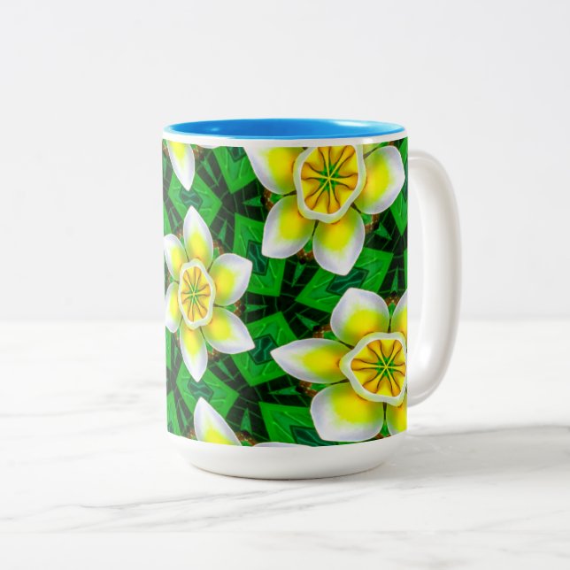 Cute Yellow Plumeria Pattern Two-Tone Coffee Mug (Front Right)