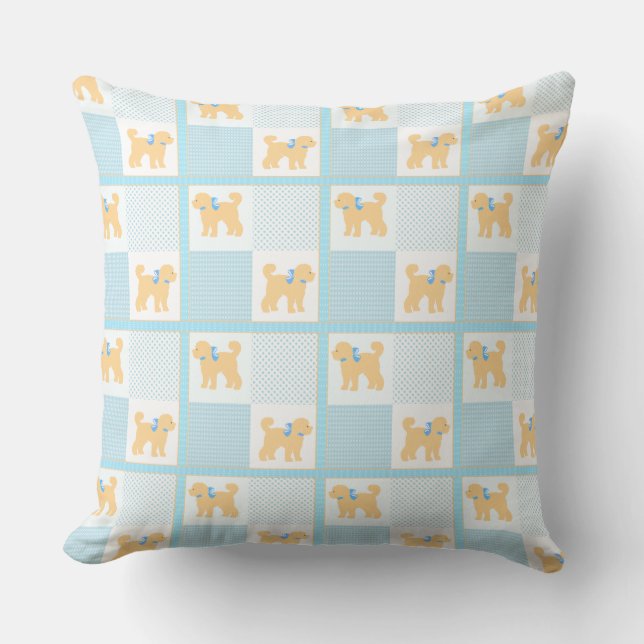 Cute Yellow Puppies Blue White Patchwork Cushion (Front)