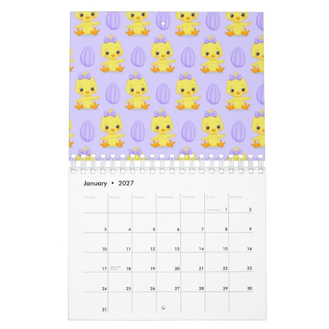 Cute Yellow Purple Chicken Easter Pattern Calendar (Jan 2027)
