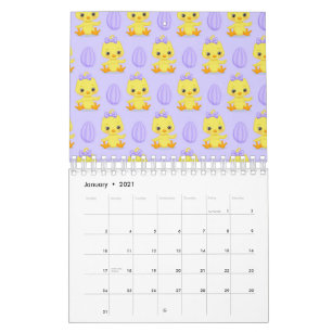 Cute Yellow Purple Chicken Easter Pattern Calendar
