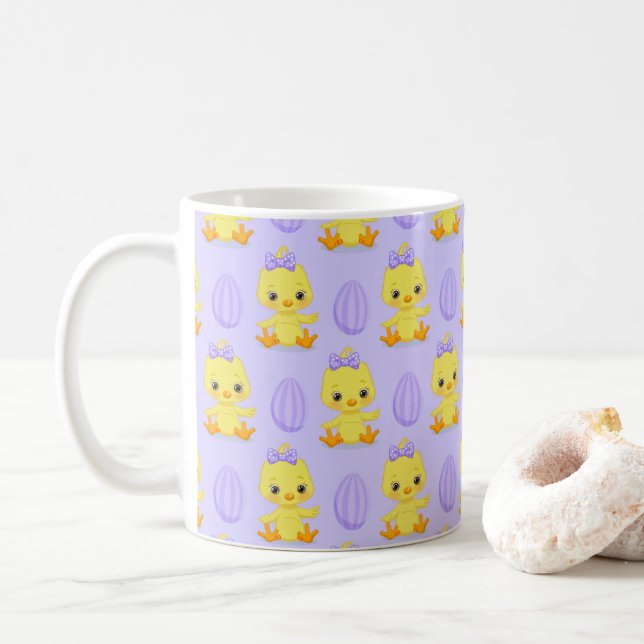 Cute Yellow Purple Chicken Easter Pattern Coffee Mug (With Donut)
